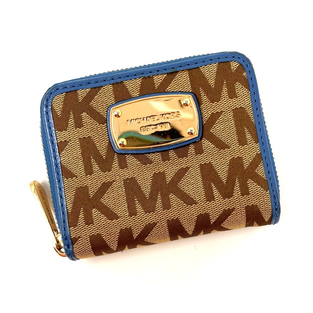 Michael Kors Tan Signature Logo Canvas Blue Leather Zip Around Bifold Wallet